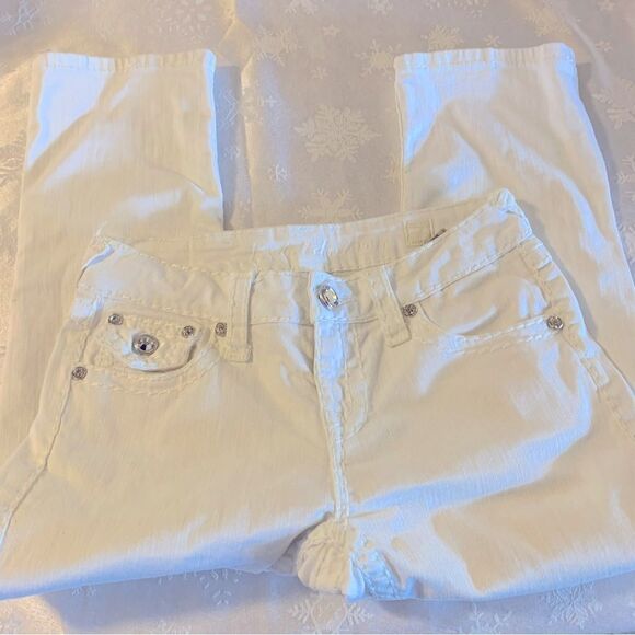 LA Idol White Capri Denim Jeans Low Rise Stretch Bedazzled Faux Jewels Sz 7 - Picture 2 of 7